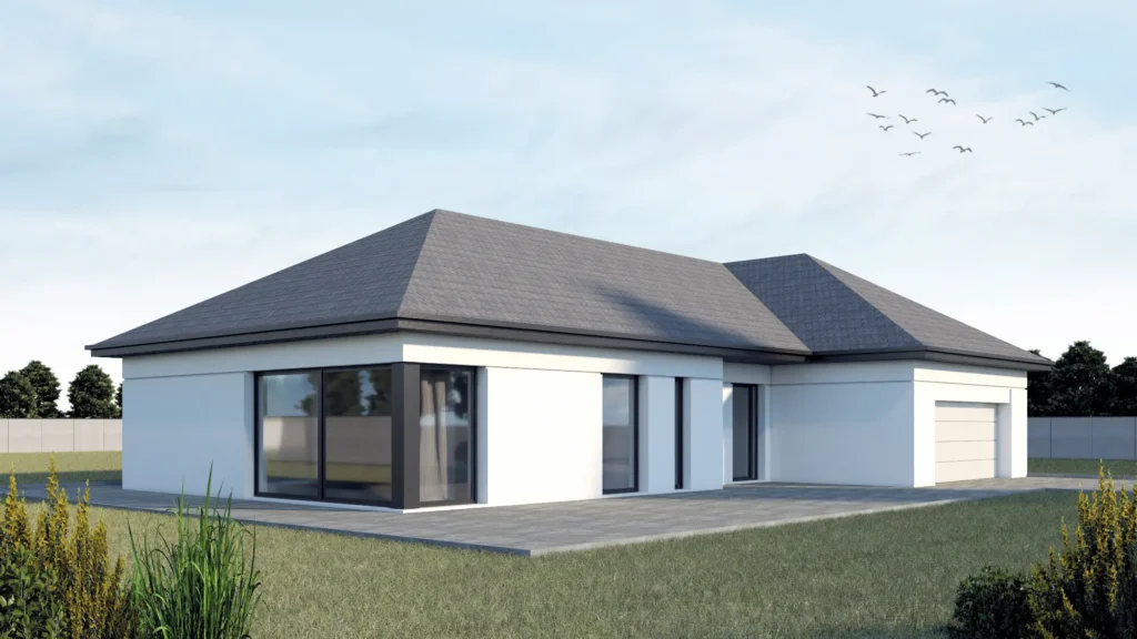 Nowoczesny, biały dom z szarym dachem i garażem. Dookoła zadbany ogród, na tle błękitnego nieba z lecącymi ptakami.